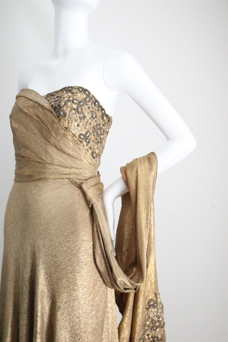 "Draped Gold Lamé" Vintage 1930's Gold Silk Lamé & Beadwork Gown UK 10 US 6