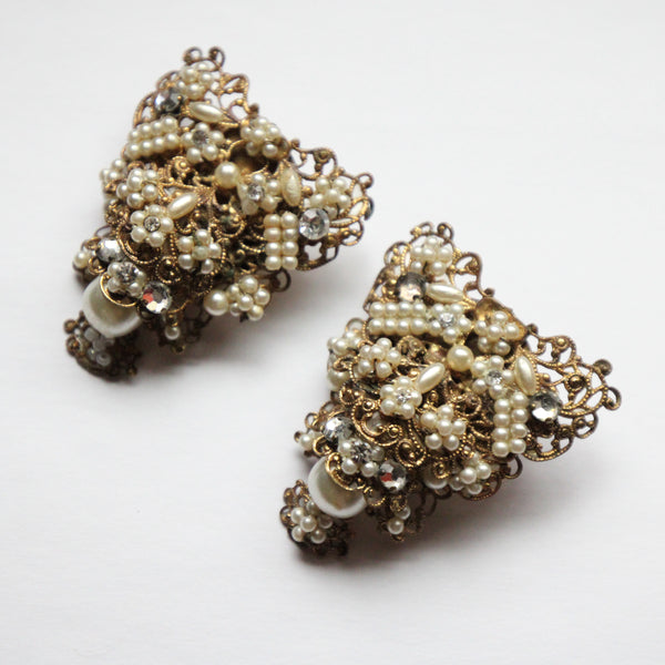 "Statement Filigree Pearls" Vintage 1940's Statement Brass Filigree, Pearl & Rhinestone Screw Back Earrings