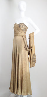 "Draped Gold Lamé" Vintage 1930's Gold Silk Lamé & Beadwork Gown UK 10 US 6