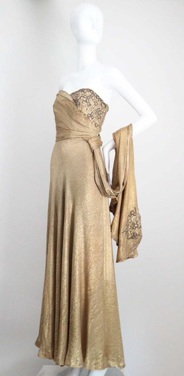 "Draped Gold Lamé" Vintage 1930's Gold Silk Lamé & Beadwork Gown UK 10 US 6