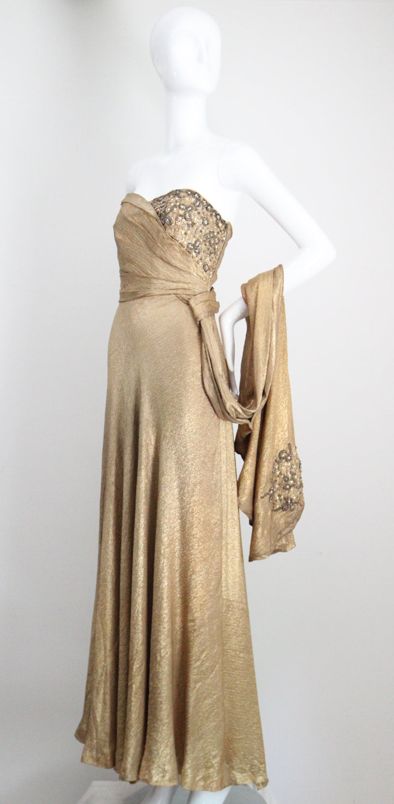 "Draped Gold Lamé" Vintage 1930's Gold Silk Lamé & Beadwork Gown UK 10 US 6