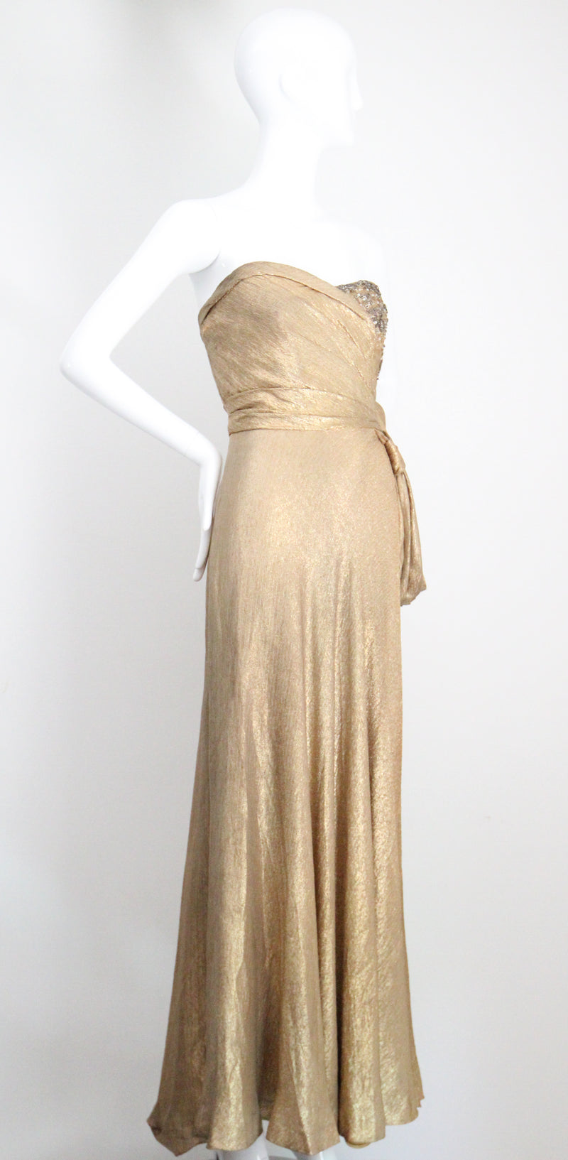 "Draped Gold Lamé" Vintage 1930's Gold Silk Lamé & Beadwork Gown UK 10 US 6