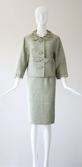 "Sage Green Silk" Vintage 1960's Sage Green Silk Skirt Suit UK 8-10 US 4-6