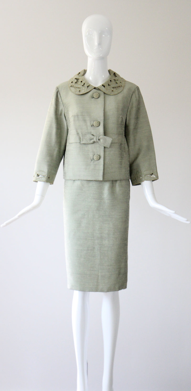 "Sage Green Silk" Vintage 1960's Sage Green Silk Skirt Suit UK 8-10 US 4-6