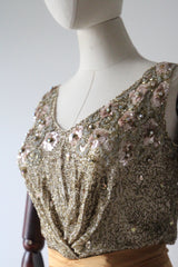 "Pink Sequins & Satin" Vintage 1950's Satin & Beadwork Silk Ceil Chapman Dress UK 6 US 2