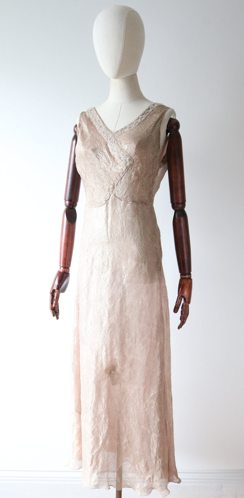 1930s dress vintage Blush Lamé" Vintage 1930's Blush Silk & Gold Lamé Beaded Dress UK 8 U – Willow Hilson Vintage