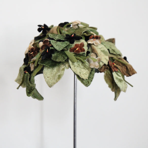 "Green Velvet Leaves" Vintage 1950's Green Velvet Floral Hat