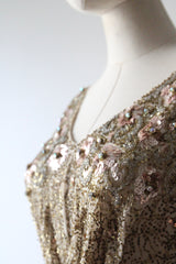 "Pink Sequins & Satin" Vintage 1950's Satin & Beadwork Silk Ceil Chapman Dress UK 6 US 2