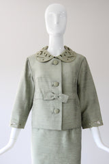 "Sage Green Silk" Vintage 1960's Sage Green Silk Skirt Suit UK 8-10 US 4-6