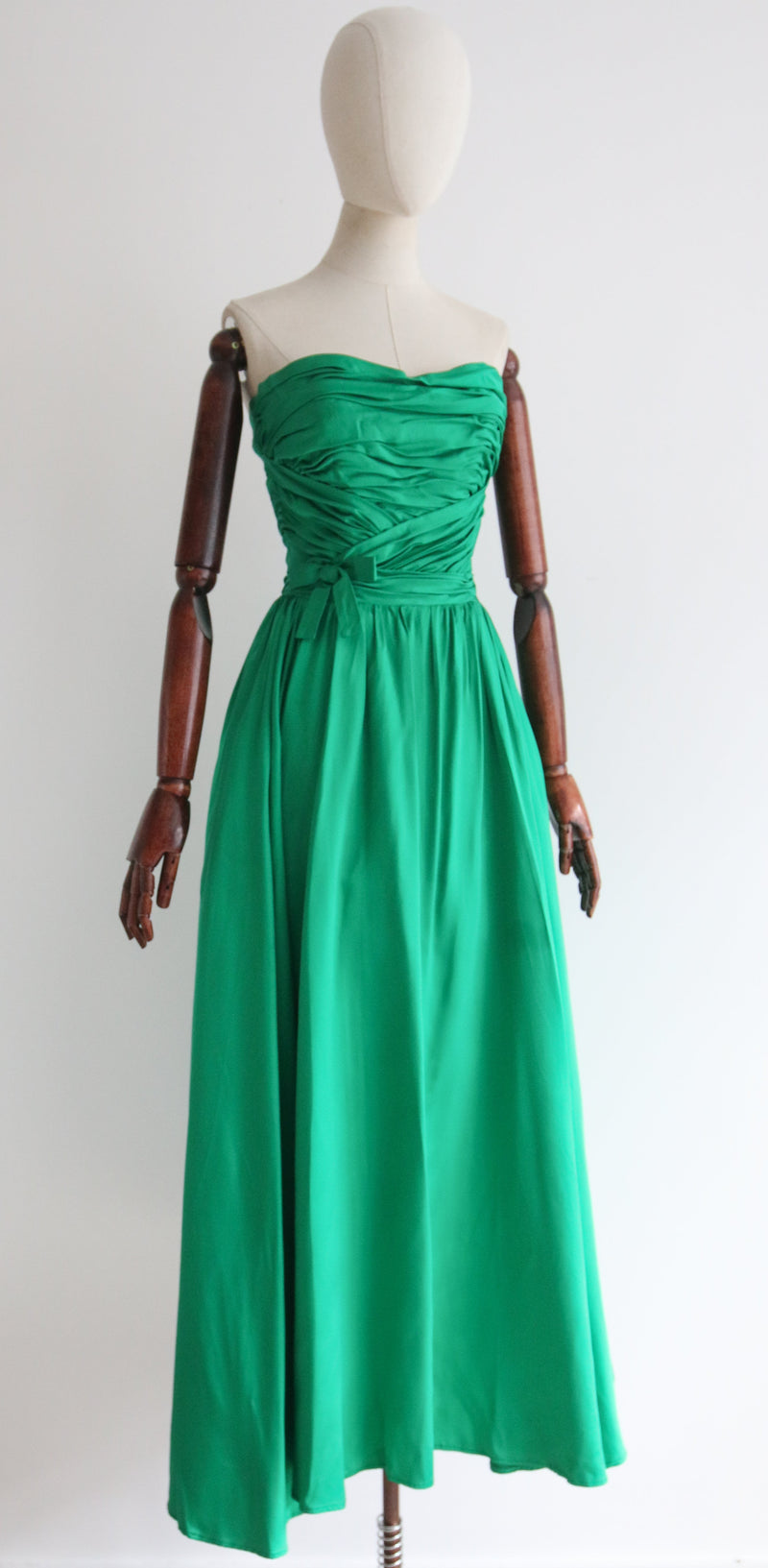 "Emerald Satin Pleats" Vintage 1950's Emerald Green Satin Strapless Dress UK 6 US 2