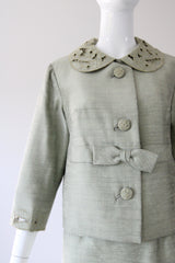 "Sage Green Silk" Vintage 1960's Sage Green Silk Skirt Suit UK 8-10 US 4-6