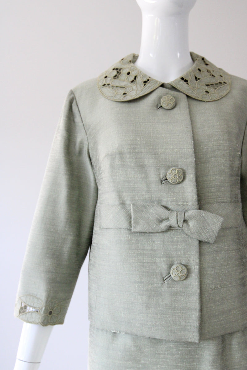 "Sage Green Silk" Vintage 1960's Sage Green Silk Skirt Suit UK 8-10 US 4-6