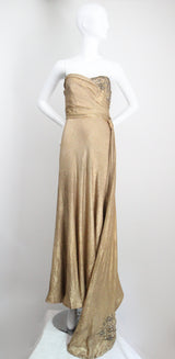 "Draped Gold Lamé" Vintage 1930's Gold Silk Lamé & Beadwork Gown UK 10 US 6