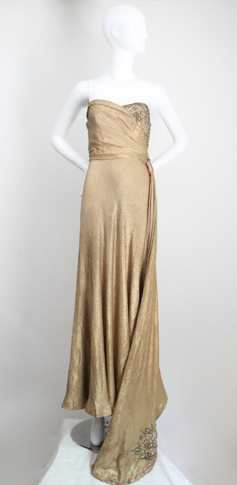 "Draped Gold Lamé" Vintage 1930's Gold Silk Lamé & Beadwork Gown UK 10 US 6