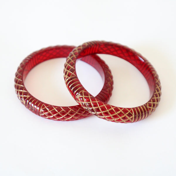 "Gold Carved Lucite" Vintage 1950's Cherry Red Carved Lucite & Gold Painted Bangles