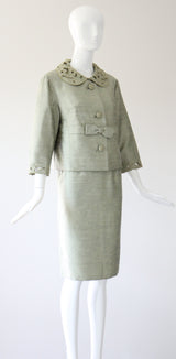 "Sage Green Silk" Vintage 1960's Sage Green Silk Skirt Suit UK 8-10 US 4-6