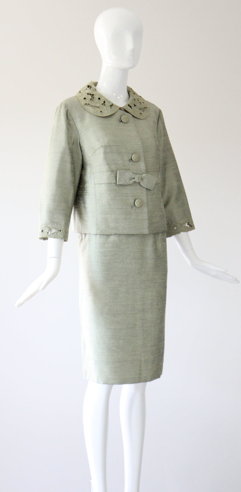 "Sage Green Silk" Vintage 1960's Sage Green Silk Skirt Suit UK 8-10 US 4-6