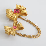 "Sweet Bows" Vintage 1950's Gold & Pink Chatelaine Bow Brooch