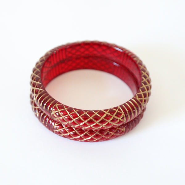 "Gold Carved Lucite" Vintage 1950's Cherry Red Carved Lucite & Gold Painted Bangles