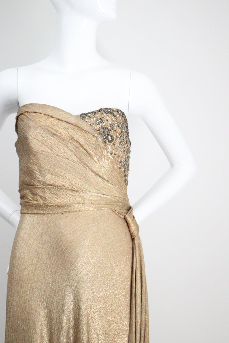 "Draped Gold Lamé" Vintage 1930's Gold Silk Lamé & Beadwork Gown UK 10 US 6