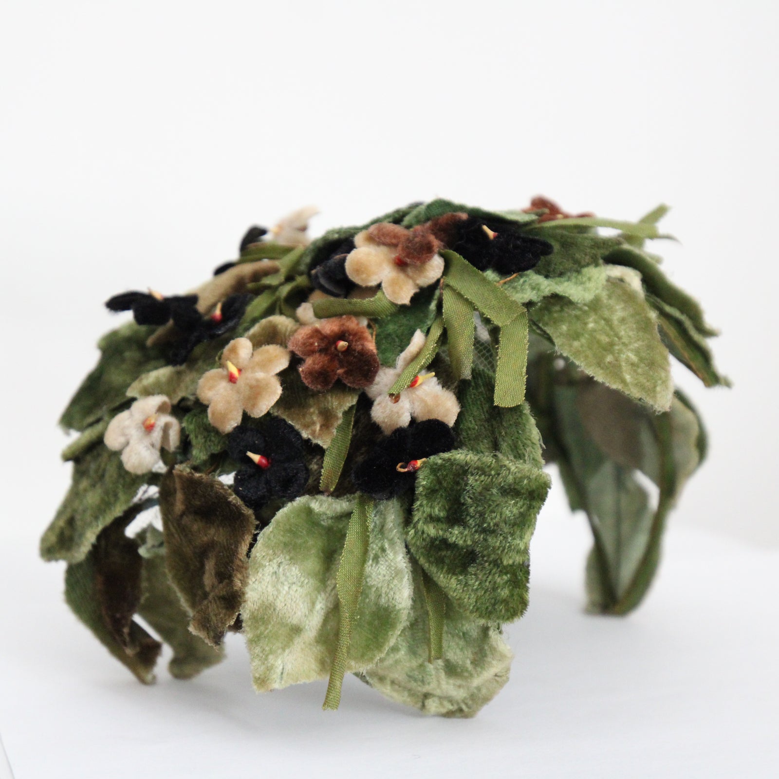 Vintage Brown Tulle Head Piece with Velvet Leaf Vintage Burgundy Velvet Hat with Floral Accent main image 4