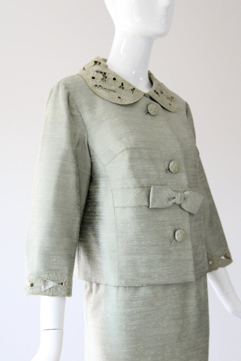 "Sage Green Silk" Vintage 1960's Sage Green Silk Skirt Suit UK 8-10 US 4-6