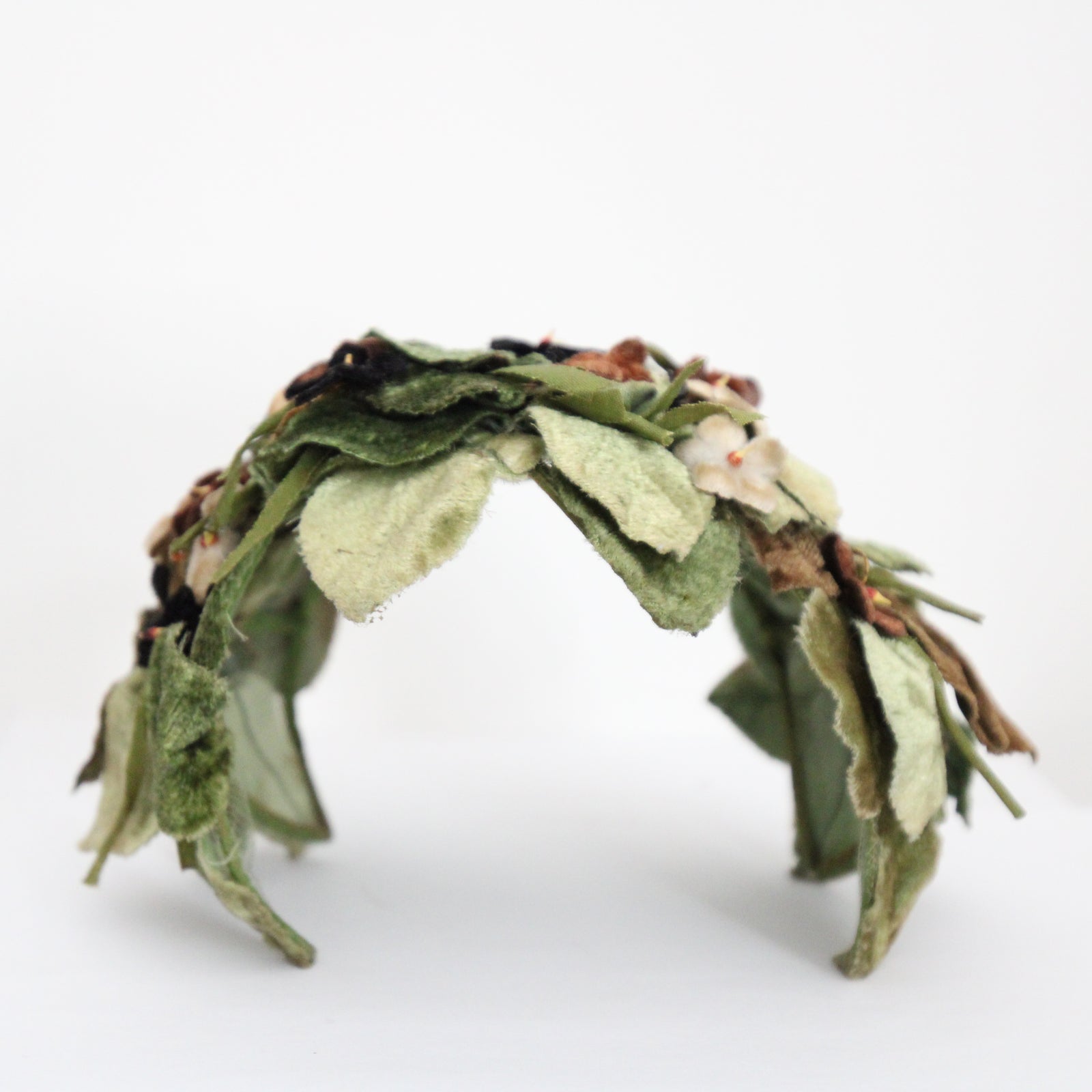 Vintage Ladies Floral Green & White Headpiece Hat Velvet Leaves & Mesh Accents Vintage Pink Flowers Under Tulle Hat with Green Leaves  main image 2