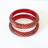 "Gold Carved Lucite" Vintage 1950's Cherry Red Carved Lucite & Gold Painted Bangles