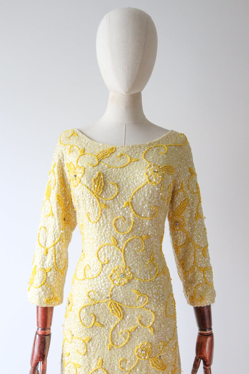"Trailing Yellow Florals" Vintage 1960's Iridescent Sequin & Yellow Beaded Floral Dress UK 12 US 8