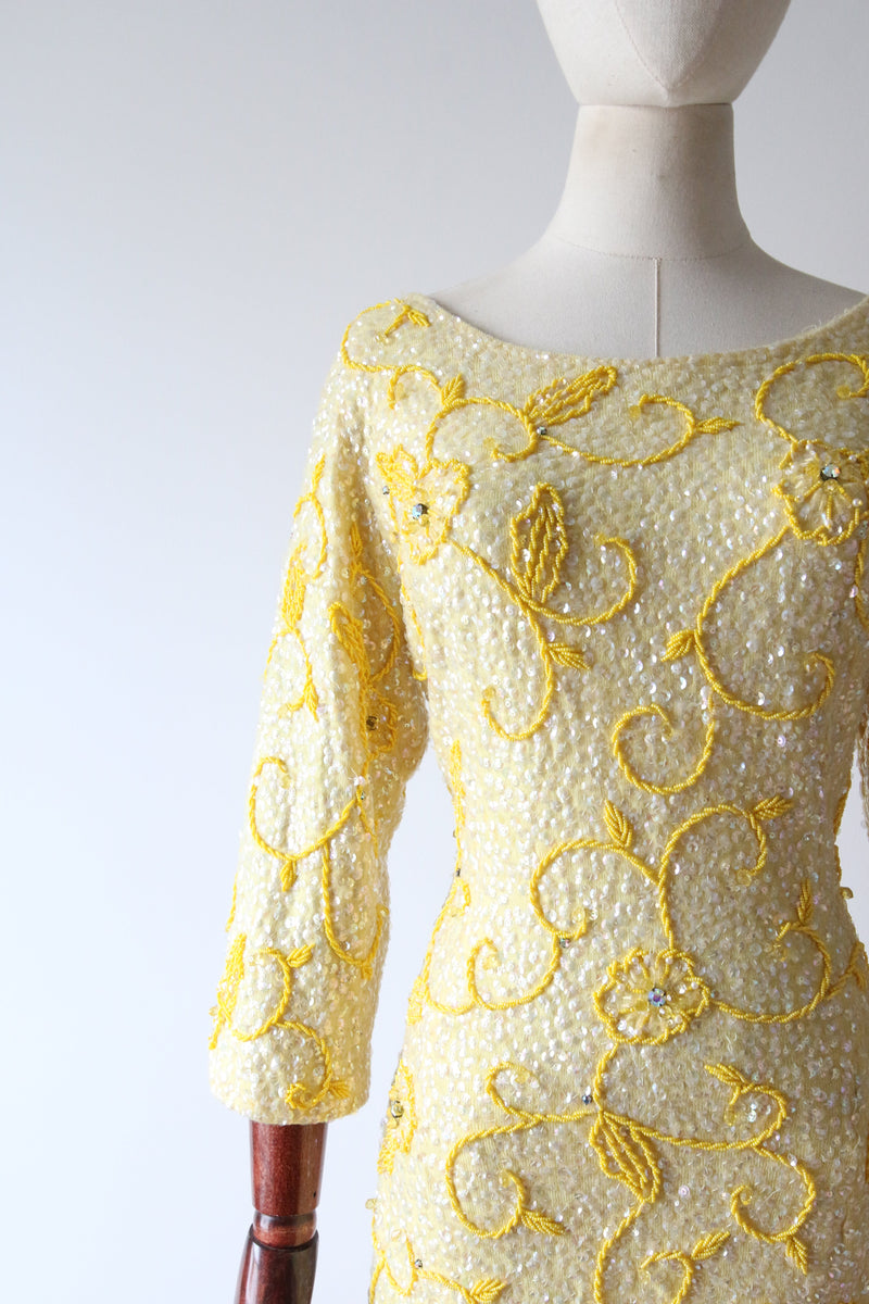 "Trailing Yellow Florals" Vintage 1960's Iridescent Sequin & Yellow Beaded Floral Dress UK 12 US 8