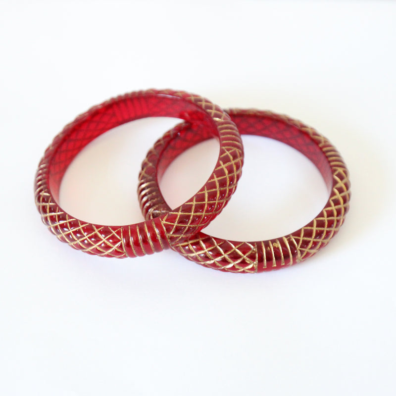 "Gold Carved Lucite" Vintage 1950's Cherry Red Carved Lucite & Gold Painted Bangles
