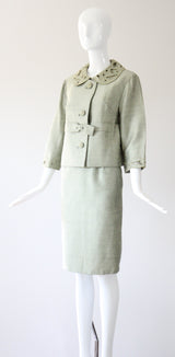 "Sage Green Silk" Vintage 1960's Sage Green Silk Skirt Suit UK 8-10 US 4-6