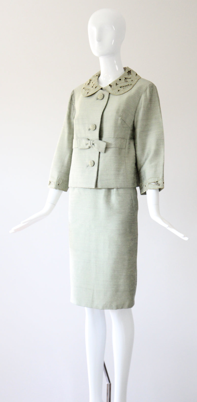 "Sage Green Silk" Vintage 1960's Sage Green Silk Skirt Suit UK 8-10 US 4-6