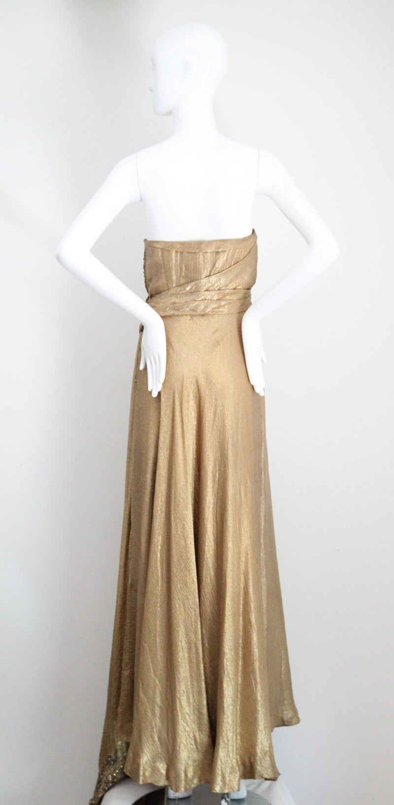 "Draped Gold Lamé" Vintage 1930's Gold Silk Lamé & Beadwork Gown UK 10 US 6