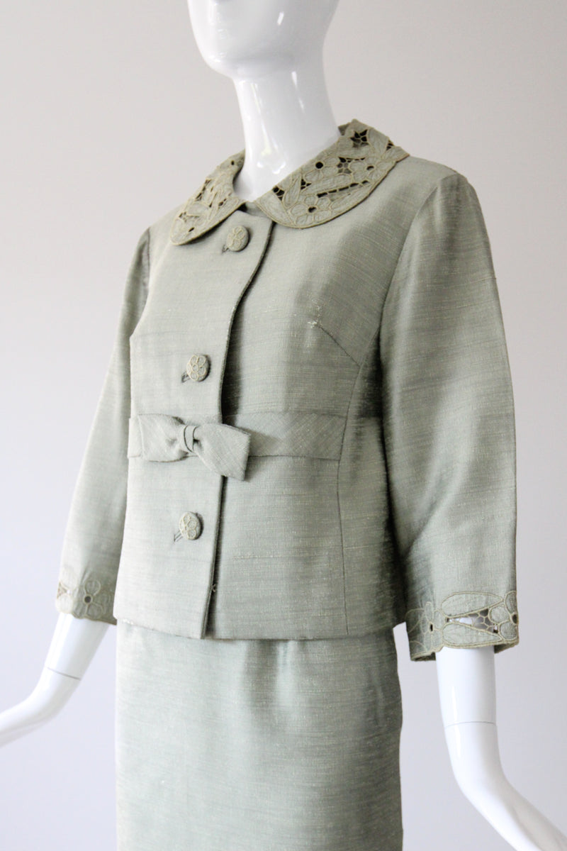 "Sage Green Silk" Vintage 1960's Sage Green Silk Skirt Suit UK 8-10 US 4-6