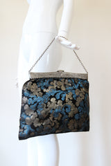 "Silver & Aqua Leaves" Vintage 1920's Silk Lamé Handbag
