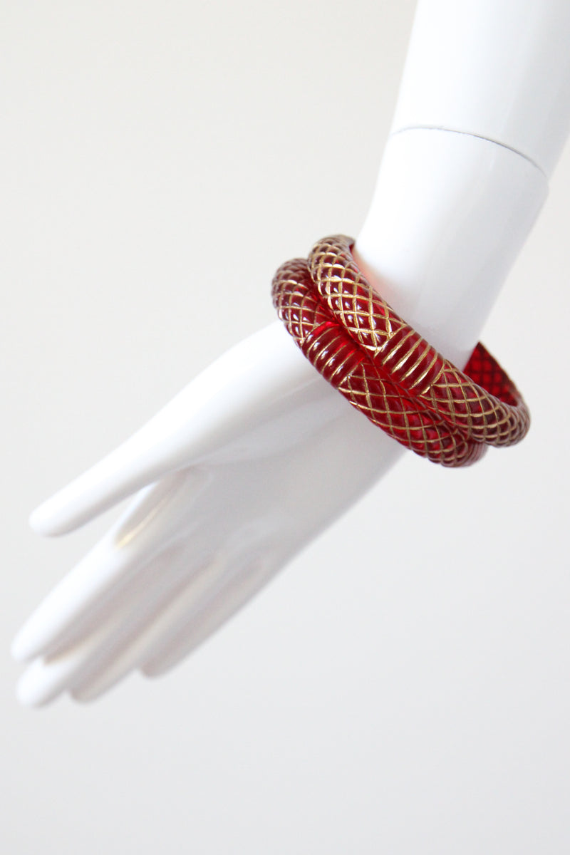 "Gold Carved Lucite" Vintage 1950's Cherry Red Carved Lucite & Gold Painted Bangles