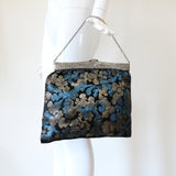 "Silver & Aqua Leaves" Vintage 1920's Silk Lamé Handbag