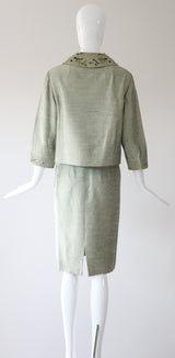 "Sage Green Silk" Vintage 1960's Sage Green Silk Skirt Suit UK 8-10 US 4-6