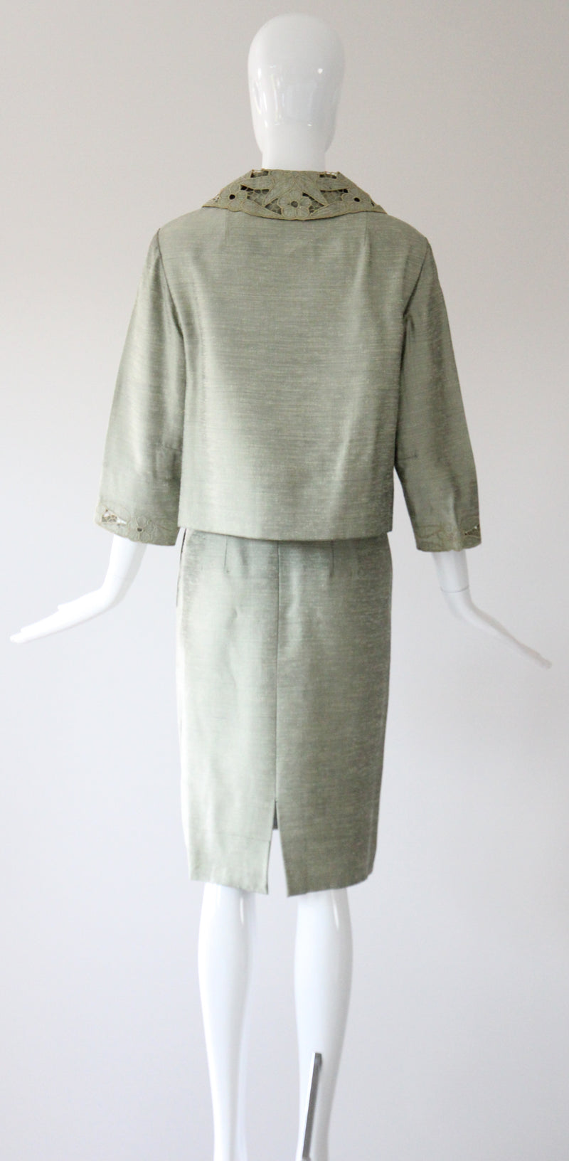 "Sage Green Silk" Vintage 1960's Sage Green Silk Skirt Suit UK 8-10 US 4-6