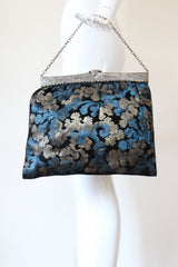 "Silver & Aqua Leaves" Vintage 1920's Silk Lamé Handbag