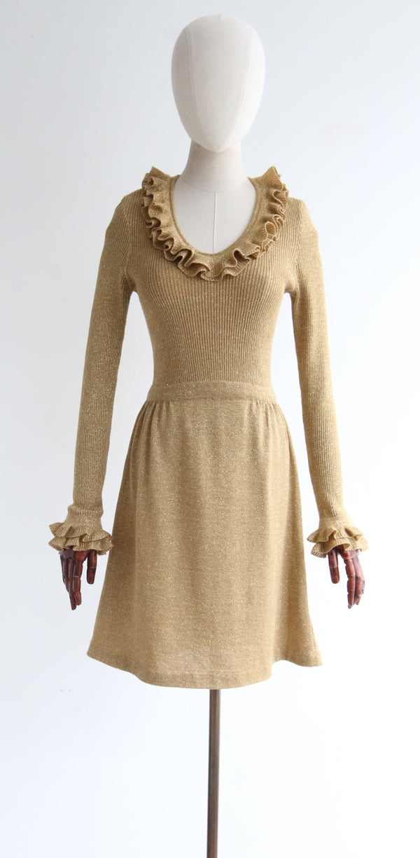 "Gold Wool & Lurex" Vintage 1960's Gold Wool & Lurex Thread Dress UK 8-10 US 4-6