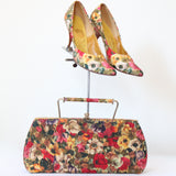 "Wildflower Set" Vintage 1950's Silk Wildflower Heels & Matching Handbag Set UK 5.5 EU 38.5 US 7.5