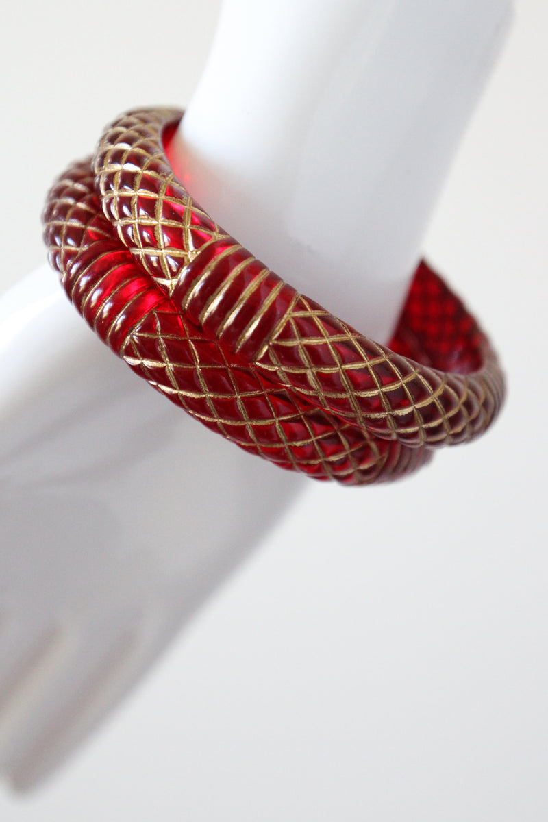 "Gold Carved Lucite" Vintage 1950's Cherry Red Carved Lucite & Gold Painted Bangles