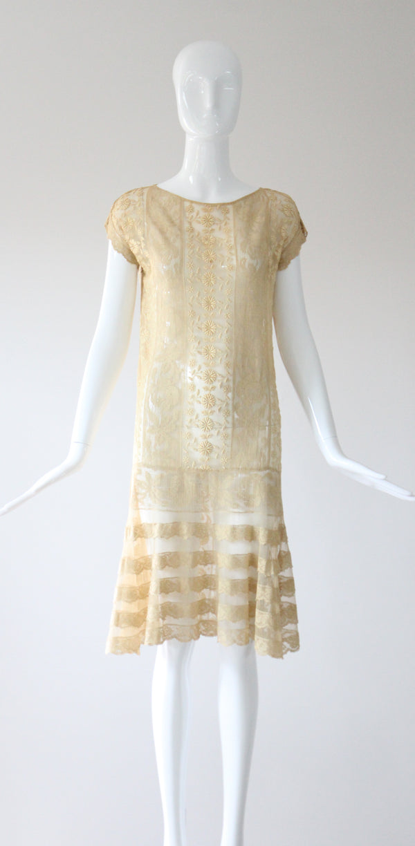 "Cream Floral Lace" Vintage 1920's Cream Lace Dress UK 8-10 US 4-6
