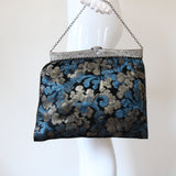 "Silver & Aqua Leaves" Vintage 1920's Silk Lamé Handbag