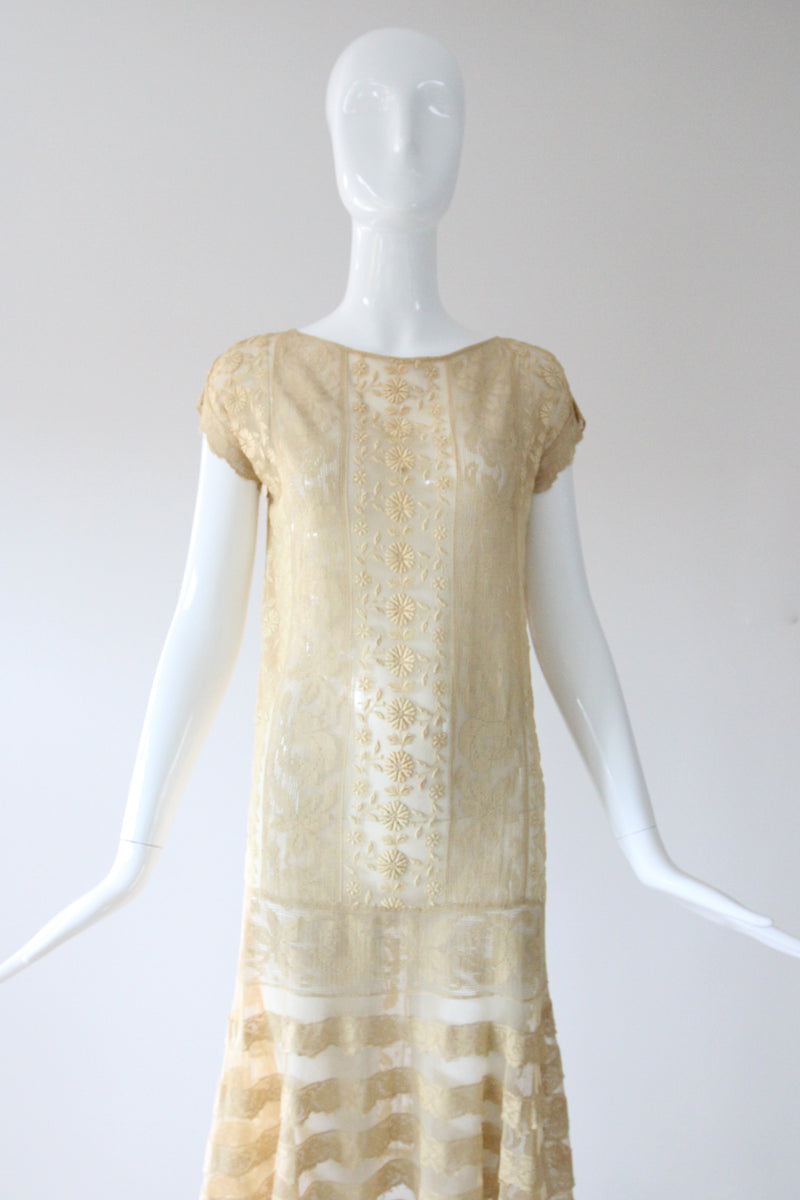 "Cream Floral Lace" Vintage 1920's Cream Lace Dress UK 8-10 US 4-6