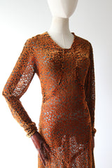 "Amber & Spice" Vintage 1930's Amber & Spice Toned Silk Devoré Dress UK 8 US 4