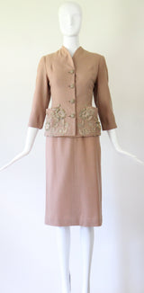 "Blush Soutache" Vintage 1940's Blush Wool Soutache Embellished Skirt Suit UK 6 US 2