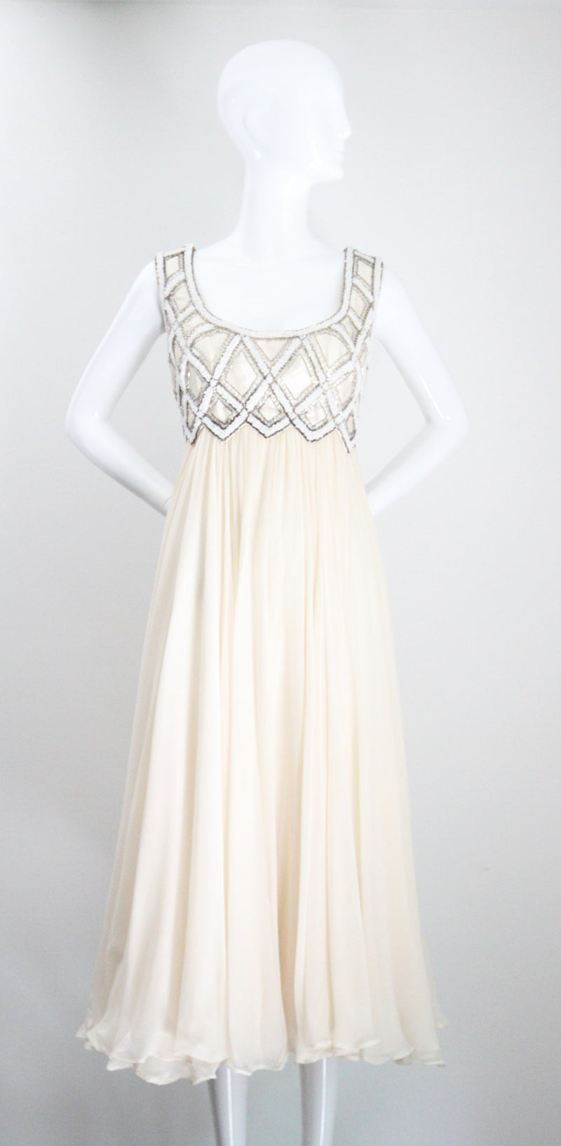 "Silk Chiffon & Silver Beadwork" Vintage 1960's Silk Chiffon & Silver Beaded Dress & Jacket Ensemble UK 10 US 6